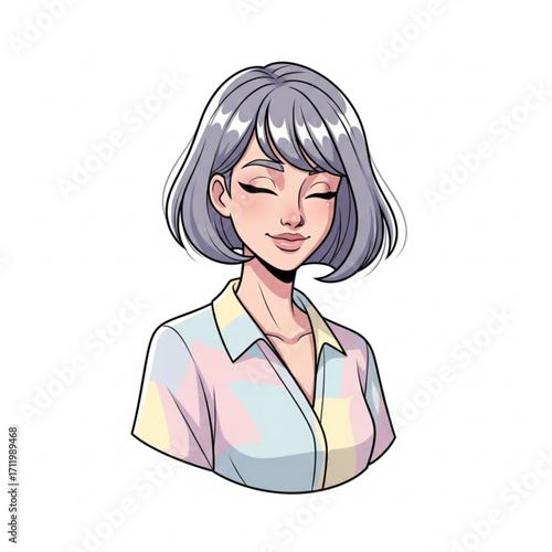 Illustration of stylized illustration of a young woman with short gray hair