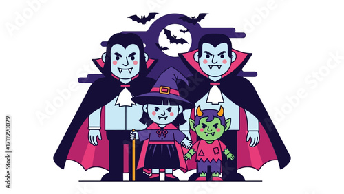 Halloween Family's Spooky Gathering: An illustration shows a cheerful family of monsters and vampires, dressed up in costumes for the Halloween festivities.