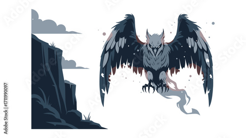 Mystic Creature Ascends: A majestic griffin, a symbol of strength and vigilance, soars gracefully, with impressive wings, against a backdrop of stylized clouds and rugged terrain.