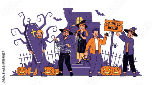 Halloween Preparations: A group of friends meticulously prepare for a spooky Halloween celebration, adorning their property with festive decorations and anticipation.