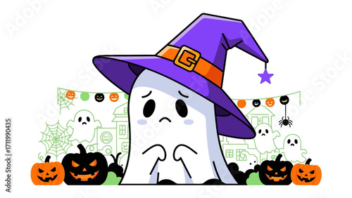 Halloween Ghostly Greeting: Adorable, expressive ghost adorned with a whimsical witch hat, surrounded by festive pumpkins and spooky elements, a perfect embodiment of Halloween spirit.