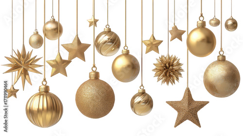 Golden Christmas Ornaments and Stars Hanging on Black Background
