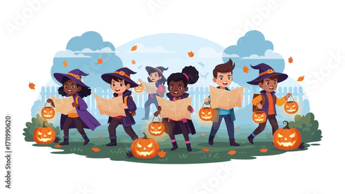 Halloween Trick-or-Treaters: A group of children dressed in whimsical costumes, clutching lanterns and maps, embark on a magical Halloween adventure.