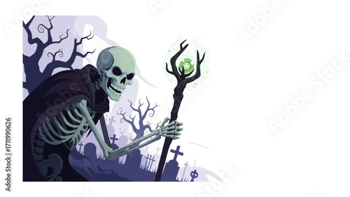 Spectral Guardian in the Eerie Twilight: A skeletal figure, cloaked in mystery, stands sentinel within a gothic graveyard, grasping a staff of potent energy, all set against a chilling background