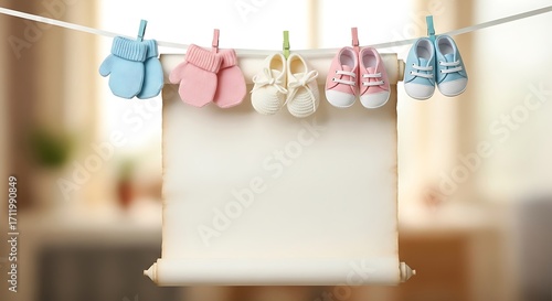 Baby Mittens and Shoes Hanging on Clothesline with Blank Paper