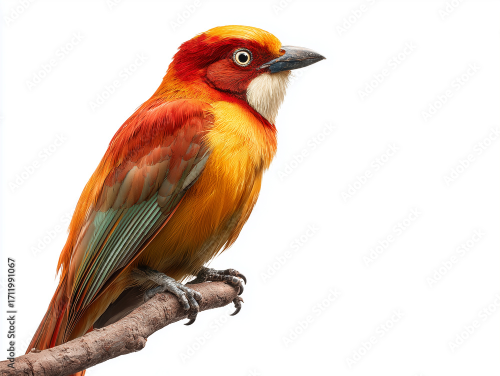 Fototapeta premium vibrant bird perched on branch, showcasing bright orange, yellow, and green feathers against white background. Its striking features and colors evoke sense of beauty and wonder