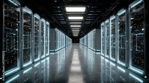 Row of servers in a dark data center illuminate the central walkway with reflection