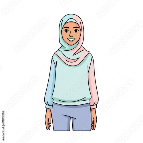 Illustration of a young muslim woman wearing a hijab and casual clothing