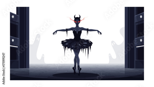 Sinister Ballerina: A darkly enchanting illustration showcases a ballerina, poised with horns and haunting eyes, amidst a surreal, shadowy ballet.