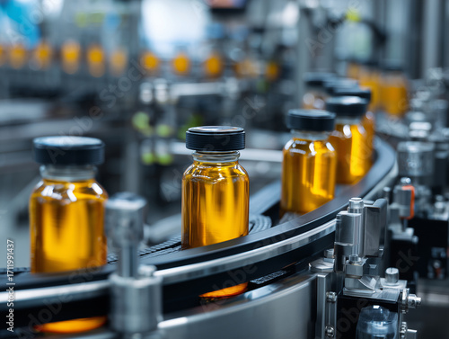 Automated bottling line in modern factory with amber glass bottles. efficient machinery showcases streamlined production process, emphasizing industrial innovation and quality control