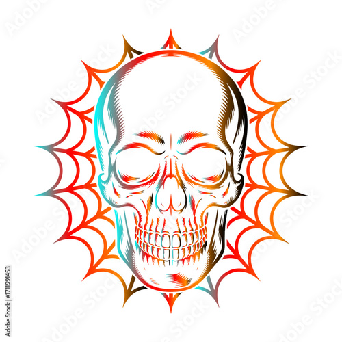 A vibrant vector illustration of an engraved human skull set against a colorful spiderweb design