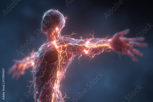 Futuristic 3D visualization of human figure with glowing neuromuscular connections, showcasing intricate network of nerves and muscles. This artwork evokes sense of advanced medical technology and