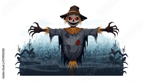 Spooky Scarecrow in Cornfield: A sinister scarecrow with glowing eyes stands ominously in a hazy cornfield, radiating a sense of mystery and seasonal chills.