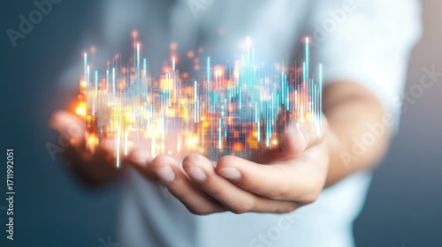 A person holds vibrant digital data in their hands, symbolizing innovation and connectivity. The colorful lights represent technology's impact on our daily lives and future.