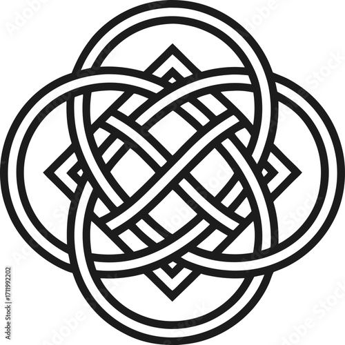 Minimal Celtic loop knot, thin line art, overhead top view, white background.