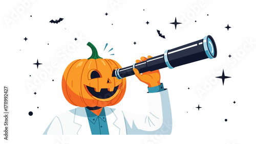Astronomical Pumpkin Explorer: A whimsical pumpkin-headed character, adorned in a lab coat, gazes through a telescope against a starry backdrop, embodying the curiosity of Halloween.