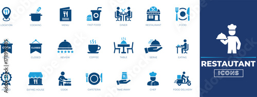 Restaurant icon set. Serve, Eating, Cook, Waiter, Waiter, Location, Cooking, Menu, Chef, Felivery, Award icon collection. 