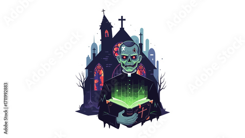 Zombie Priest with Haunted Church: A spooky undead priest stands before a looming church, his glowing green bible and eerie presence ready to send shivers down your spine.