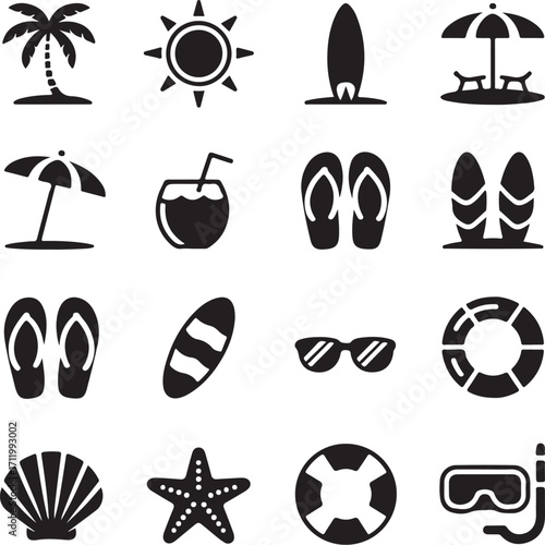 Summer vacation vibes icons set black silhouette