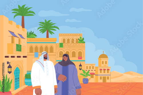 Flat Hand Drawn Modern Cartoon Art of Traditional Arab Life Composition