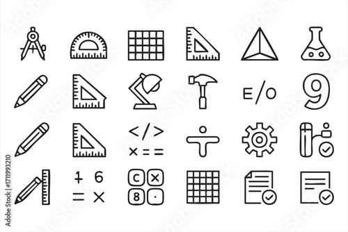 Math and science symbol set including coding and education icons in vector style
