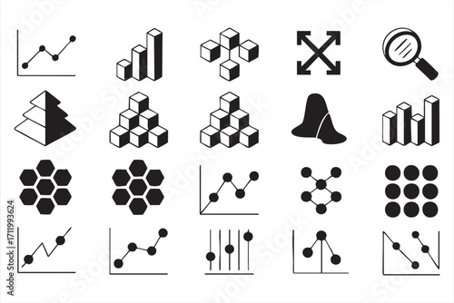Vector set of math and data analysis icons with graphs, cubes, and charts