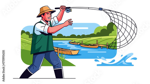 Catch of the Day: An illustration of a fisherman casting a net into the serene river, with boats in the distance, capturing the essence of the sport and the beauty of nature.
