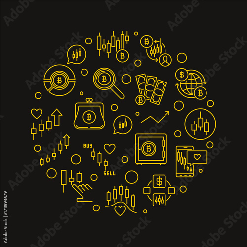 Bitcoin Trading vector BTC Crypto round illustration or banner in outline style