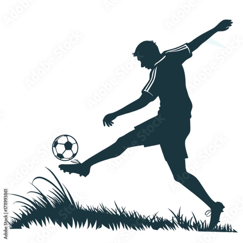 Dynamic Soccer Player Silhouette Kicking Football on Grass Field Vector Illustration