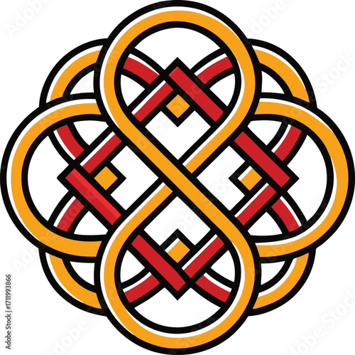 Spiritual eternal knot, bold outline, geometric symmetry, white background.