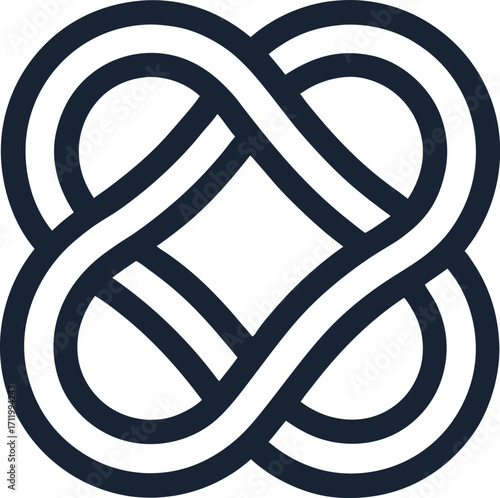 Sacred infinity knot, smooth bold lines, top view, minimalist design, white background.