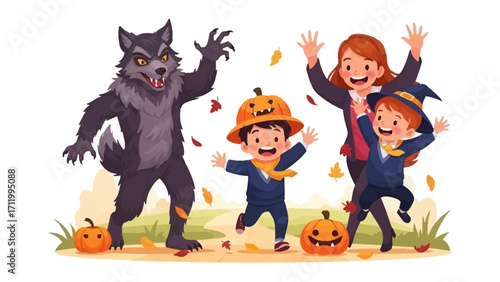 Spooky Halloween Gathering: A vibrant illustration of a joyful Halloween celebration, featuring a person dressed as a werewolf, two children in costume, and a person dressed as witch.