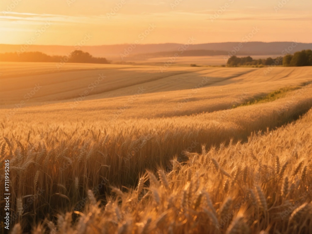 Obraz premium Golden wheat fields under the sunset with vast landscapes