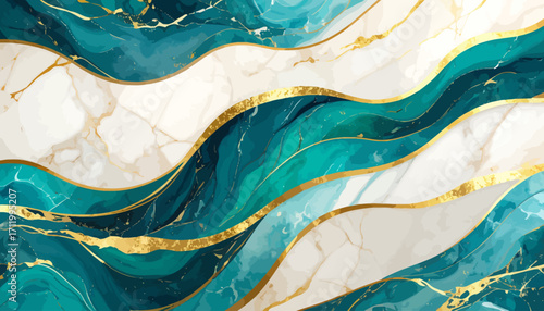 Abstract Teal And Gold Marble Texture Background.