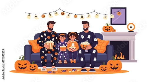 Halloween Cozy Gathering: A family enjoys a cozy Halloween movie night, sharing popcorn and creating cherished memories around the fireplace.