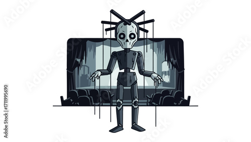 Marionette on Stage: An illustrative representation of a skeletal marionette stands center stage in a theatrical setting, its strings manipulated to control its movements.