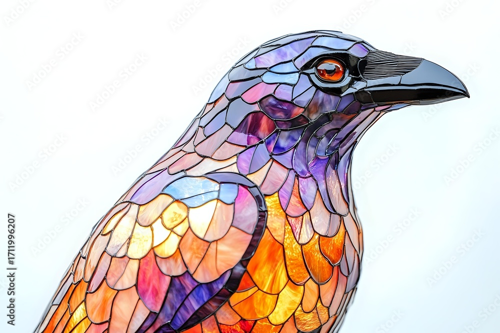 Fototapeta premium Vibrant stained glass style bird with mosaic pattern featuring purple, orange and yellow tones against white background, sharp black beak and glowing red eye.