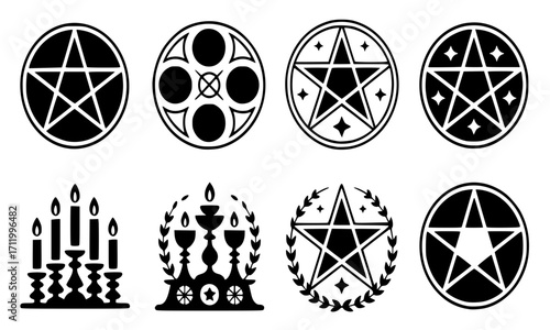 “Wiccan Pentacle Altar Icon Vector Set – 8 Black Silhouette Pagan Symbols, Witchcraft Altar Tools, Sharp Edges, Scalable Illustration”