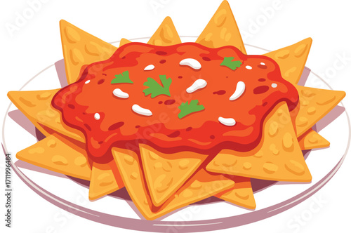 Nachos with Salsa and Cheese on Plate Food Illustration