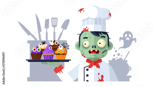 Zombie Chef's Sweet Treats: A cartoon chef, transformed into a quirky zombie, presents an array of festive, Halloween-themed cupcakes in this whimsical illustration. 