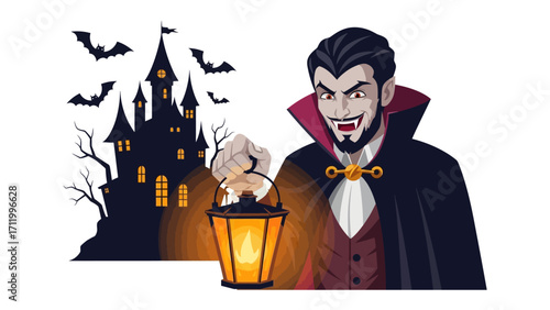 Spooky Count in Haunted Night: A spooky count is holding a lantern standing front of a spooky silhouette mansion and bats on a halloween night. a classic Halloween atmosphere