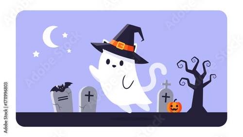 Whimsical Halloween Ghost: A cheerful cartoon ghost, adorned with a festive witch hat, dances with glee amidst a spooky graveyard scene, perfect for Halloween.