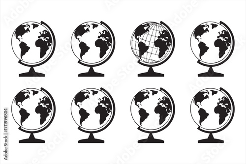 Black and white globe illustrations showing continents and earth for school designs