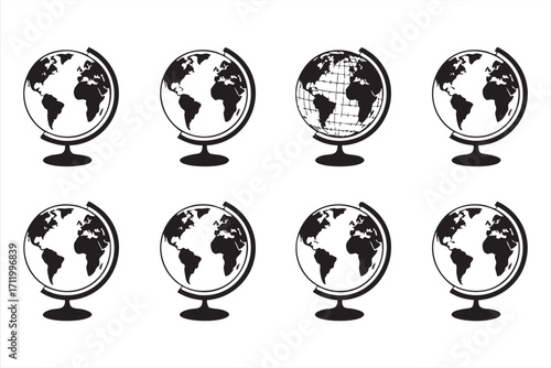 Vector set of globe icons with world maps for education and geography projects