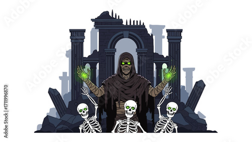 Mysterious figure with skeletons: An enigmatic character, shrouded in darkness, commands a group of animated skeletons amidst the ruins of an ancient structure.