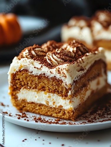 Wallpaper Mural Slice of pumpkin spice cake with cream cheese frosting and whipped cream layers, dusted with cocoa powder and chocolate shavings on white plate. Torontodigital.ca