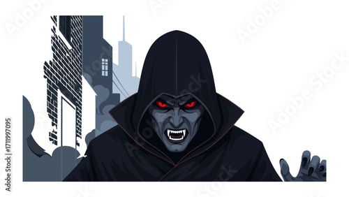 Shadowy Figure of Night: A menacing, cloaked figure with glowing red eyes and an intense stare casts a dark shadow over a city, epitomizing an aura of sinister anticipation.