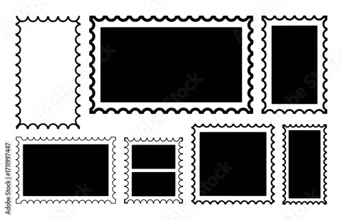 Collection of Black and White Postage Stamp Frames with Perforated Edges