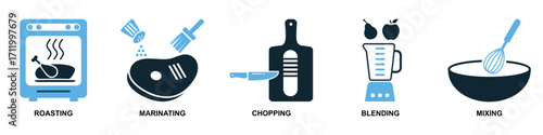 Set of cooking icon vector. Perfect for menus, food blogs, and kitchen themes. A versatile collection of simple, recognizable symbols representing various cooking activities and tools.