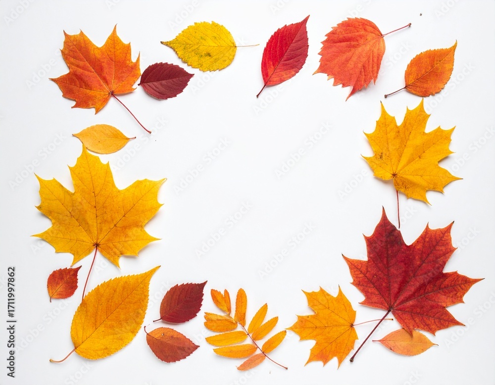 Fototapeta premium Autumn leaves frame background with yellow, red, orange and brown hues.